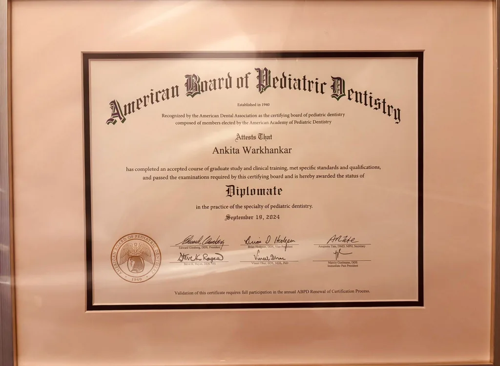 Diplomate certificate, American Board of Pediatric Dentistry, awarded September 19, 2024.